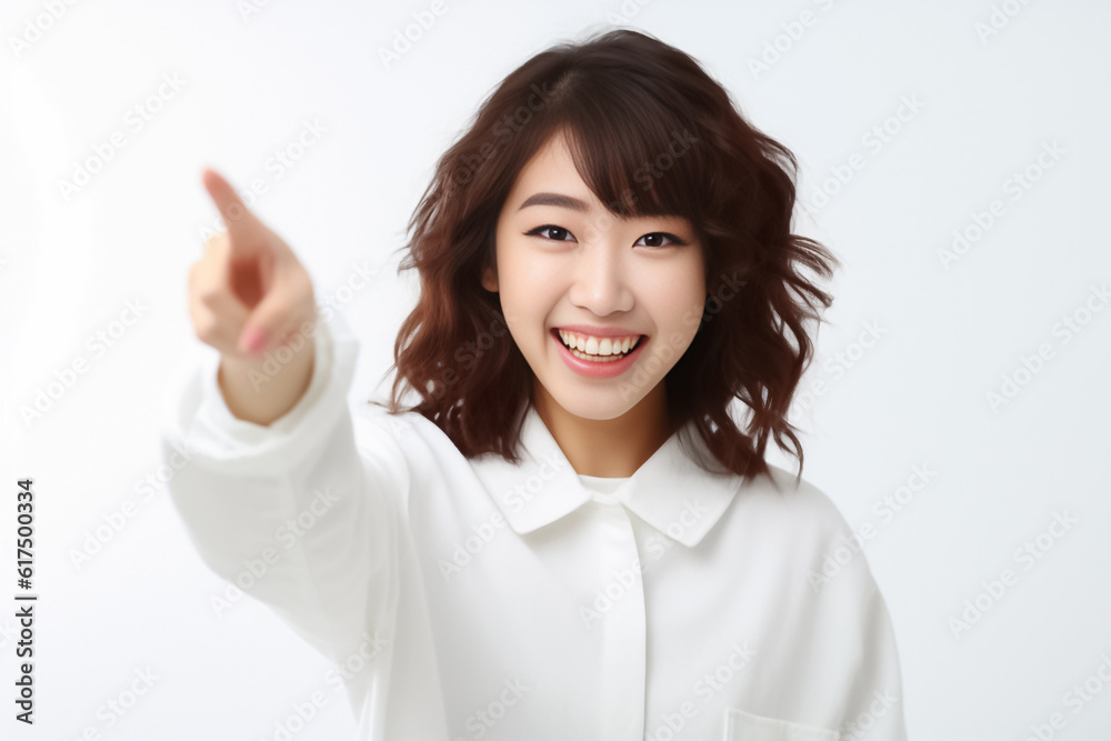 Pointing finger of an Asian girl highlights vacant space on a white background, making it a prime choice for a promotional advertising banner. Generative AI. Pointing finger of an Asian girl highlights vacant space on a white background, making it a prime choice for a promotional advertising banner. Generative AI.