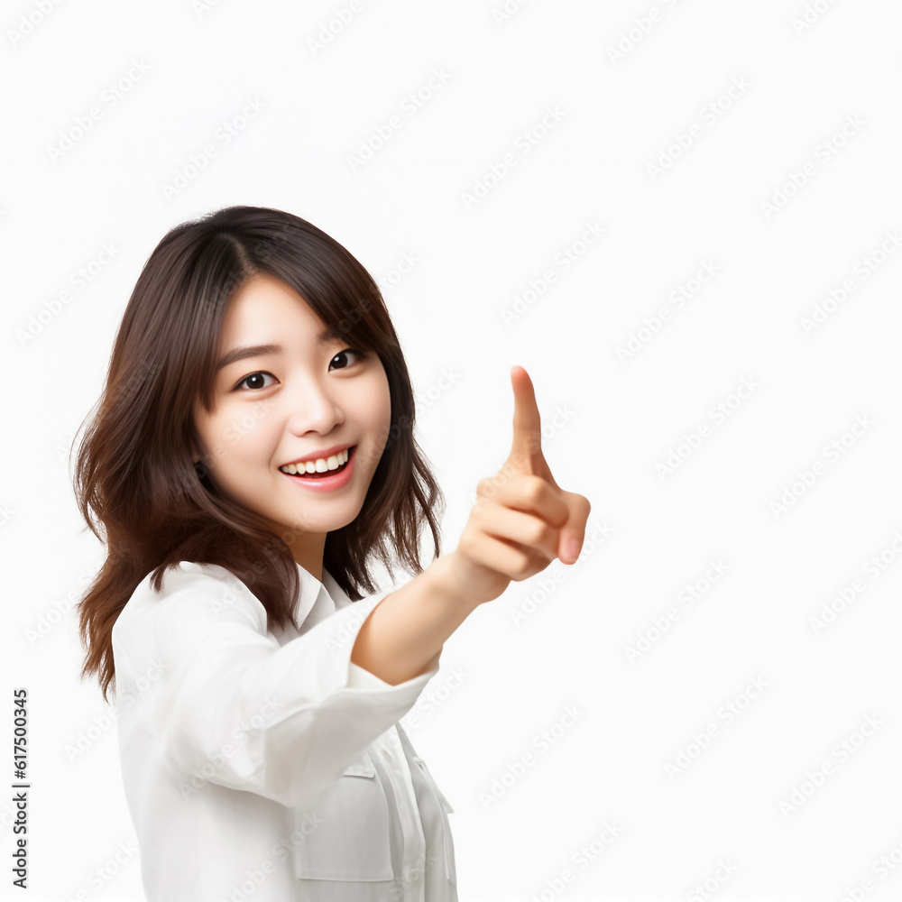 Pointing finger of an Asian girl highlights vacant space on a white background, making it a prime choice for a promotional advertising banner. Generative AI. Pointing finger of an Asian girl highlights vacant space on a white background, making it a prime choice for a promotional advertising banner. Generative AI.