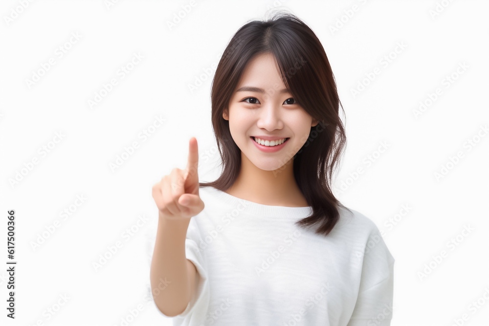 Pointing finger of an Asian girl highlights vacant space on a white background, making it a prime choice for a promotional advertising banner. Generative AI. Pointing finger of an Asian girl highlights vacant space on a white background, making it a prime choice for a promotional advertising banner. Generative AI.