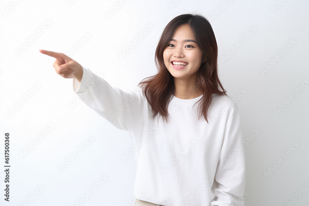 Pointing finger of an Asian girl highlights vacant space on a white background, making it a prime choice for a promotional advertising banner. Generative AI. Pointing finger of an Asian girl highlights vacant space on a white background, making it a prime choice for a promotional advertising banner. Generative AI.