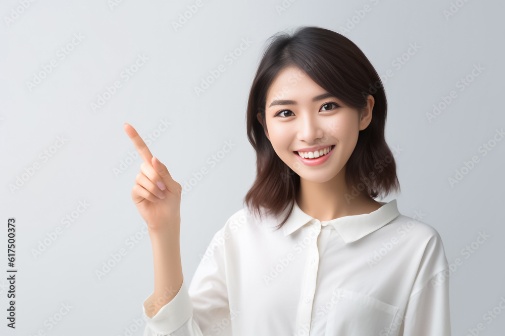 Pointing finger of an Asian girl highlights vacant space on a white background, making it a prime choice for a promotional advertising banner. Generative AI. Pointing finger of an Asian girl highlights vacant space on a white background, making it a prime choice for a promotional advertising banner. Generative AI.