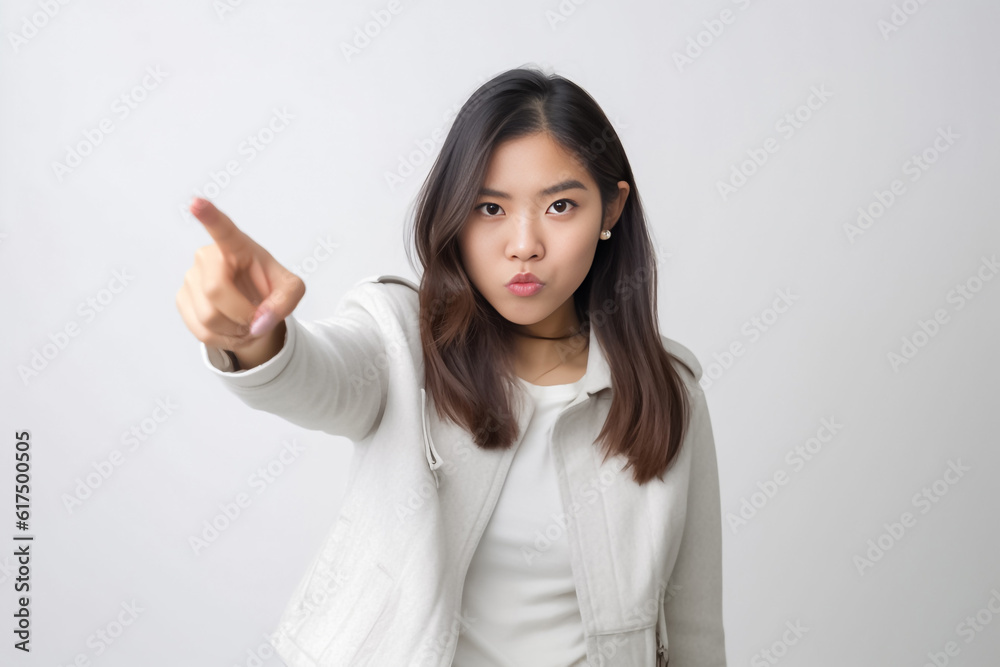 Pointing finger of an Asian girl highlights vacant space on a white background, making it a prime choice for a promotional advertising banner. Generative AI. Pointing finger of an Asian girl highlights vacant space on a white background, making it a prime choice for a promotional advertising banner. Generative AI.