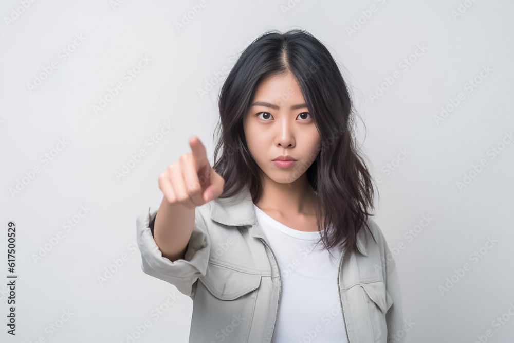 Pointing finger of an Asian girl highlights vacant space on a white background, making it a prime choice for a promotional advertising banner. Generative AI. Pointing finger of an Asian girl highlights vacant space on a white background, making it a prime choice for a promotional advertising banner. Generative AI.