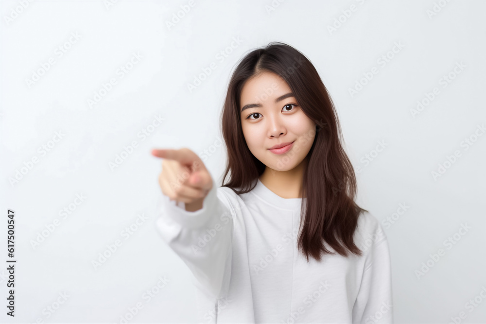 Pointing finger of an Asian girl highlights vacant space on a white background, making it a prime choice for a promotional advertising banner. Generative AI. Pointing finger of an Asian girl highlights vacant space on a white background, making it a prime choice for a promotional advertising banner. Generative AI.