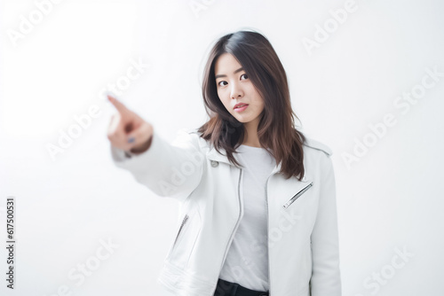 Pointing finger of an Asian girl highlights vacant space on a white background, making it a prime choice for a promotional advertising banner. Generative AI. © Surachetsh