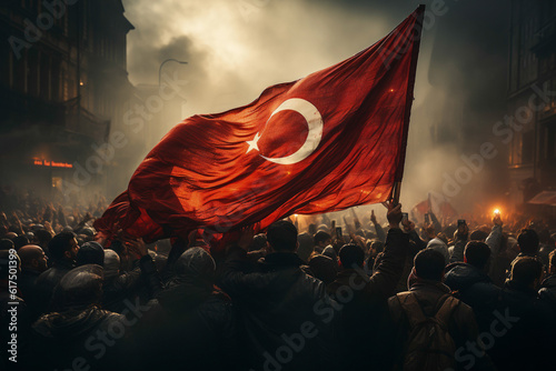 People of Turkey in the streets celebrating the 30th of August - Victory Day with a big flag. Generative AI photo
