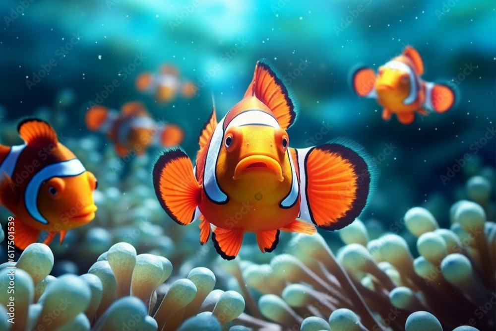 Clown anemonefish swimming in anemonene life Clown anemonefish swimming in anemonene life