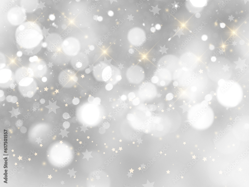 Silver Christmas background with bokeh lights and stars
