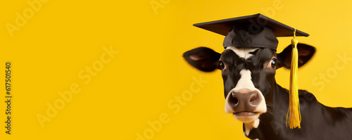 Cow Udderly Intelligent: Congratulating a Graduating Cow in Cap and Gown against Yellow Backdrop. photo