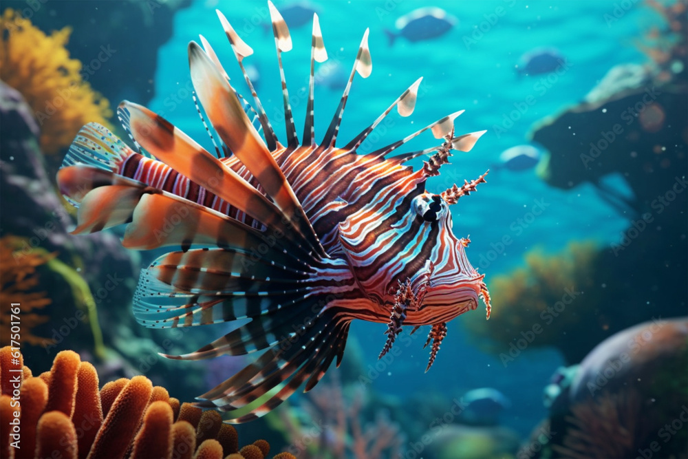 Lionfish swimming in the deep blue waters of the Red Sea. Lionfish swimming in the deep blue waters of the Red Sea.
