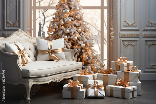 Christmas tree and gift boxes with bows in interior. Generative AI