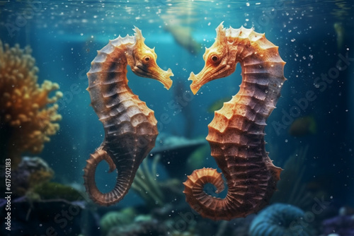 two seahorses in the aquarium. Underwater life concept.