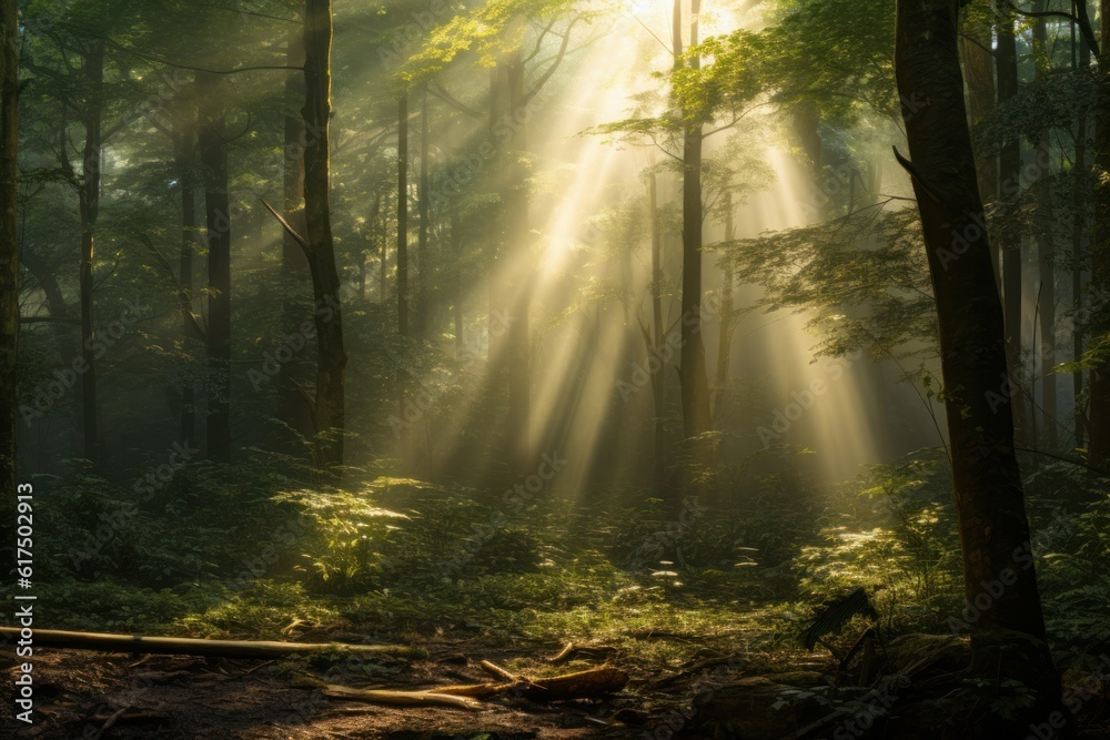 Sunrays Breaking Through Dark Forest: A dark, dense forest with beams of sunlight breaking through the canopy.  Generative AI
