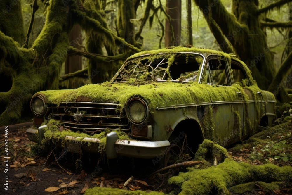 Moss-Covered Abandoned Car: An old car covered in moss and plants, slowly being reclaimed by the forest. Generative AI