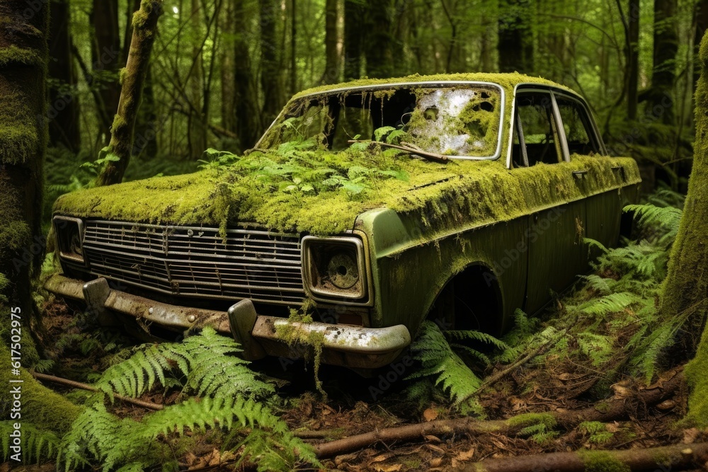 Moss-Covered Abandoned Car: An old car covered in moss and plants, slowly being reclaimed by the forest. Generative AI Moss-Covered Abandoned Car: An old car covered in moss and plants, slowly being reclaimed by the forest. Generative AI