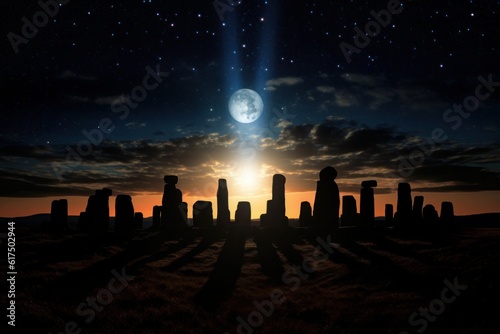 Solar Eclipse over Stone Circle: A mystical stone circle silhouetted against a total solar eclipse. Generative AI