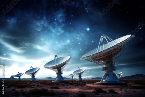 Radio Telescope Array under Starry Sky: A series of large radio telescopes pointing toward a starry night sky. Generative AI