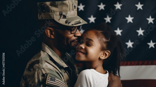 Happy african american father wearing military uniform and his daughter embracing, holding usa flag