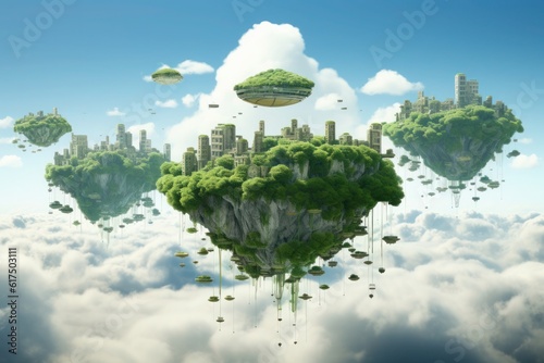 Floating Islands in the Sky: A series of lush, green islands suspended in the sky among fluffy clouds. Generative AI