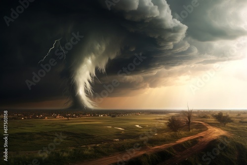 Dramatic Tornado in Vast Plains: A large tornado twisting through the open plains, with debris swirling around it. Generative AI