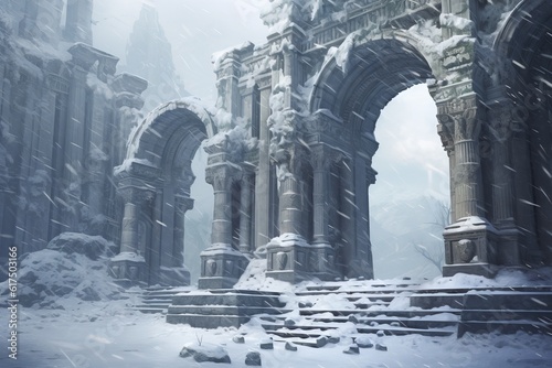 Ancient Ruins in a Snowstorm: Snow-covered ancient ruins with columns and arches during a blizzard. Generative AI