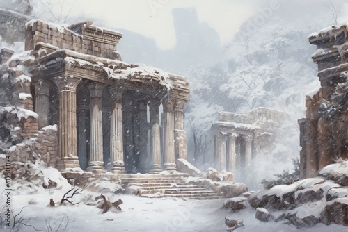 Ancient Ruins in a Snowstorm: Snow-covered ancient ruins with columns and arches during a blizzard. Generative AI