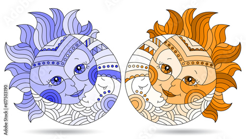 A set of illustrations in the style of a stained glass window with the sun and moon isolated on a white background, tone blue and brown