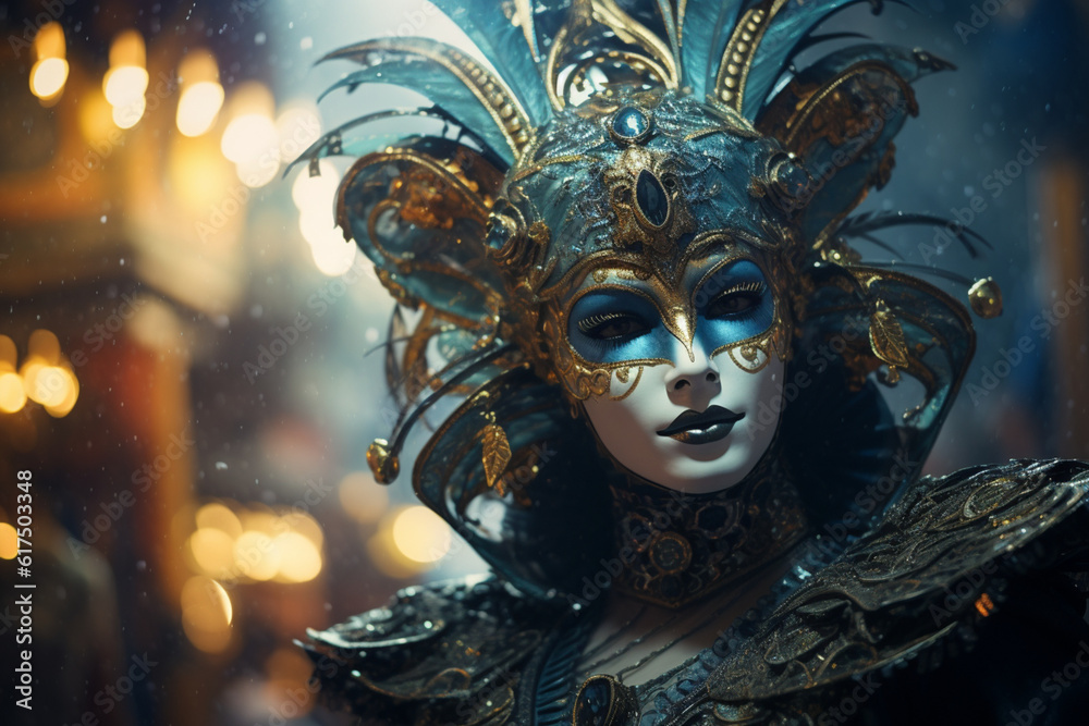 Young beautiful woman in beautiful venecian mask. Beautiful venecian mask. Venice. Carnival. Generative Ai