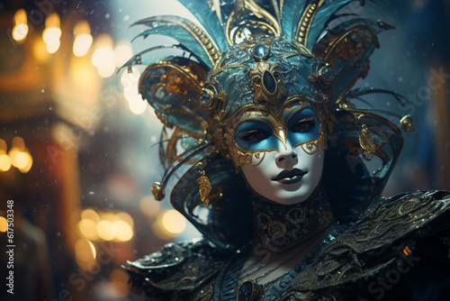 Young beautiful woman in beautiful venecian mask. Beautiful venecian mask. Venice. Carnival. Generative Ai © Карина Терехова