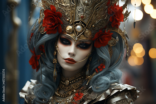 Young beautiful woman in beautiful venecian mask. Beautiful venecian mask. Venice. Carnival. Generative Ai