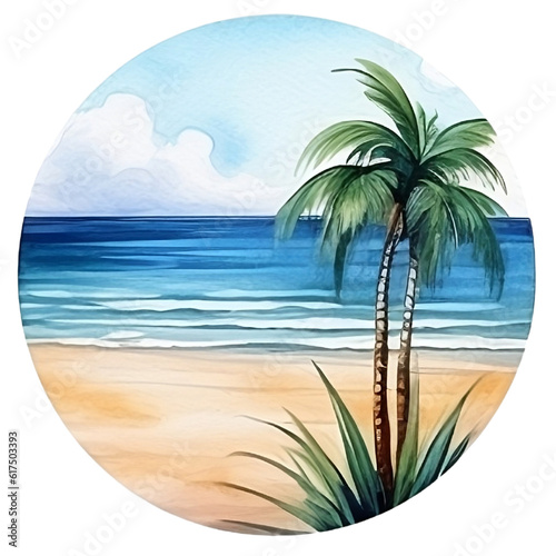 Beach  watercolor  stamp  travel  illustration  vintage  card  design  symbol  sea  Elements  Generative AI