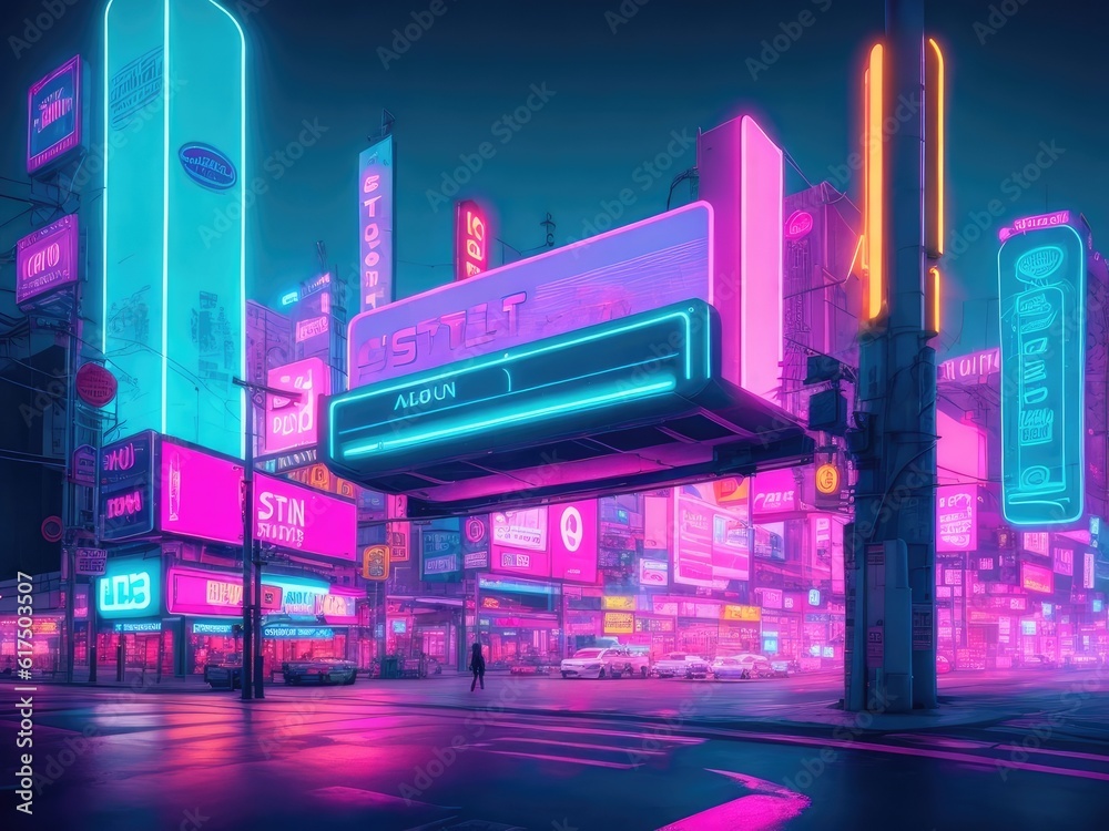 Photo futuristic neon city with billboard at stree