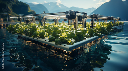 A floating farm on the ocean with artificial generated natural crops sustainable and innovative future modified plant production photo