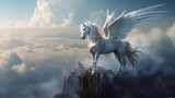 A white pegasus unicorn is perched on a cliff high above the clouds. Generative AI	