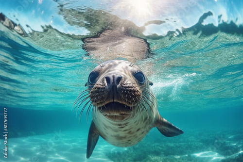 Funny sea lion swimming underwater in the ocean. Animal theme. © masud