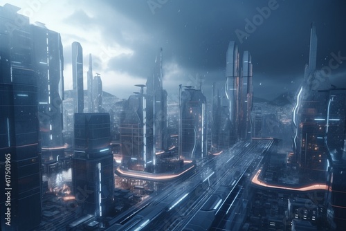 A futuristic cityscape with advanced medical and healthcare technology  Generative AI