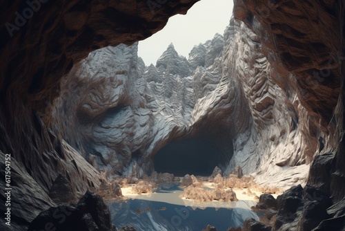 A surreal illustration of a distorted or manipulated natural feature, such as a canyon or cave system, Generative AI