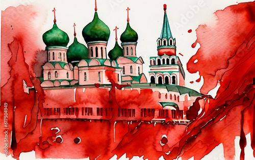 Bloody Moscow Kremlin watercolor representation