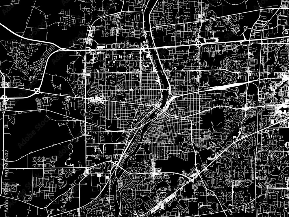 Vector road map of the city of  Aurora Illinois in the United States of America with white roads on a black background.