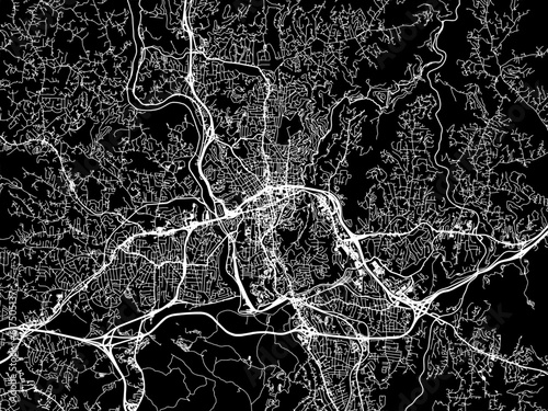 Vector road map of the city of  Asheville North Carolina in the United States of America with white roads on a black background.
