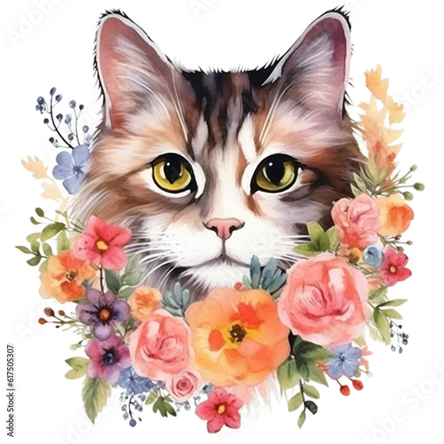 cat, animal, watercolor, pet, cute, kitten, beautiful, face, fluffy, colourful, baby, Generative AI 