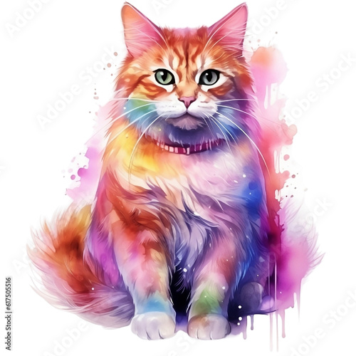 cat, animal, watercolor, pet, cute, kitten, beautiful,  face, fluffy, colourful, baby, Generative AI  © PRAPAPON
