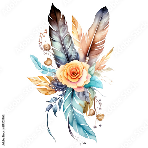 feather, flowers, watercolor, illustration, design, art, bird, isolated, vintage,  boho, Generative AI