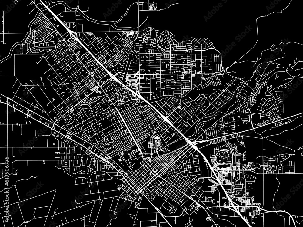 Vector road map of the city of  Chico California in the United States of America with white roads on a black background.