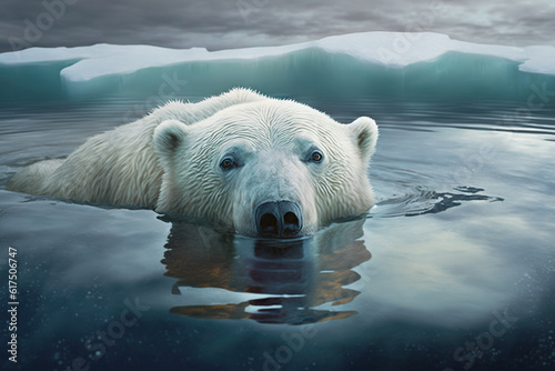Generative AI illustration of wild bear with white fur swimming in clean dark icy water of lake against dark sky background