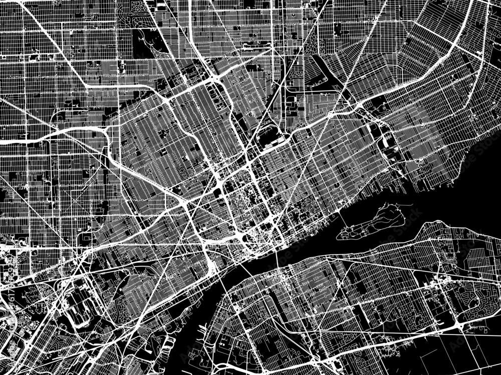 Vector road map of the city of  Detroit Michigan in the United States of America with white roads on a black background.