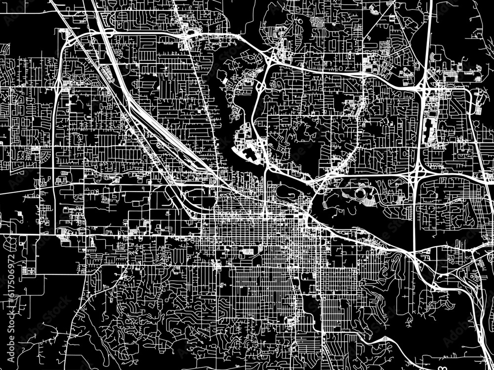 Vector road map of the city of  Eugene Oregon in the United States of America with white roads on a black background.