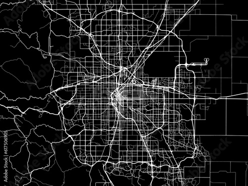 Vector road map of the city of  Denver Colorado in the United States of America with white roads on a black background.