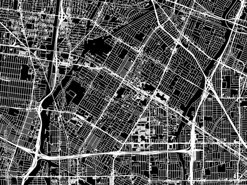 Vector road map of the city of  Downey California in the United States of America with white roads on a black background.