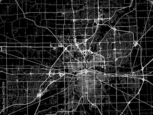 Vector road map of the city of Fort Wayne Indiana in the United States of America with white roads on a black background.
